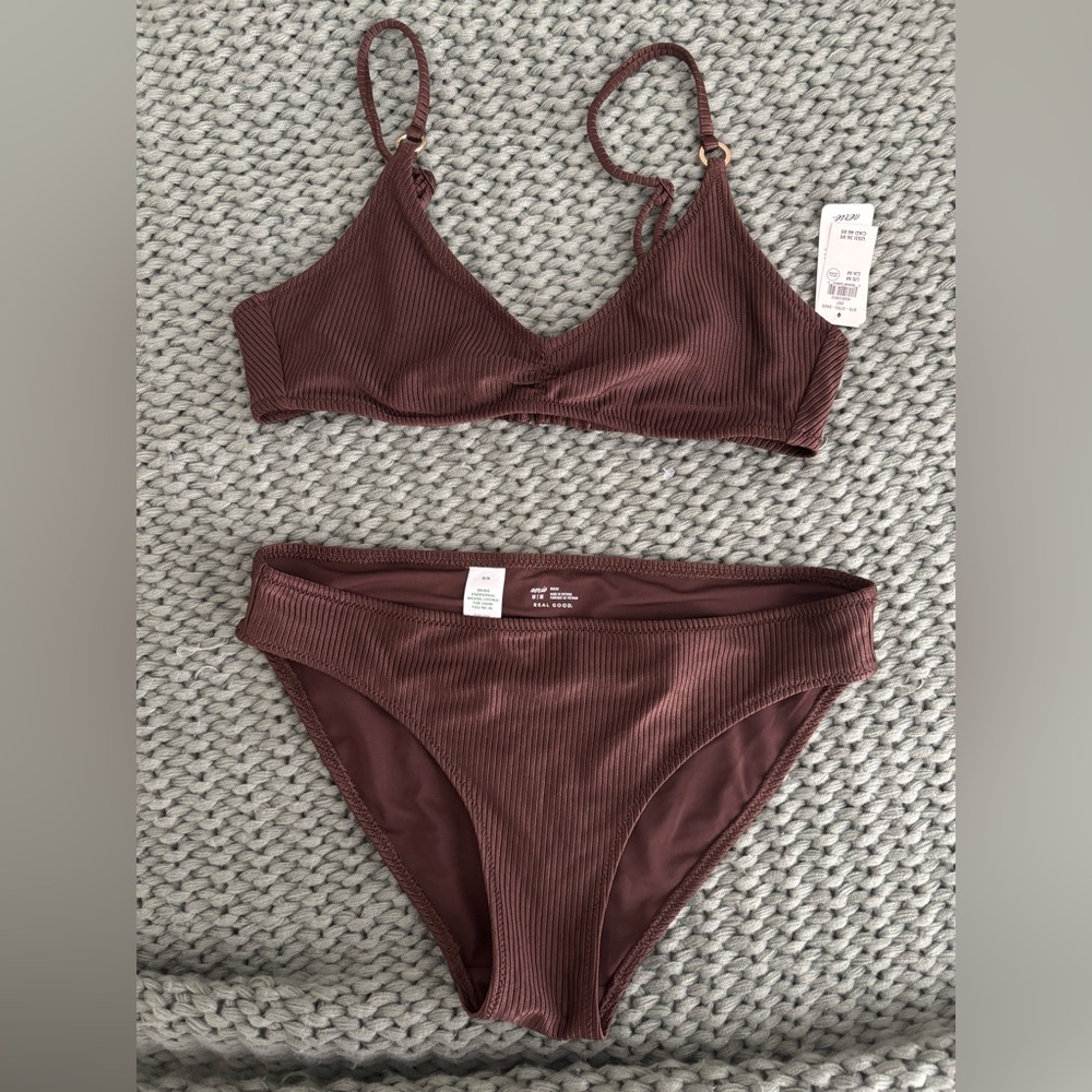 aerie Ribbed Two-Piece Bikini Set in Chocolate Brown